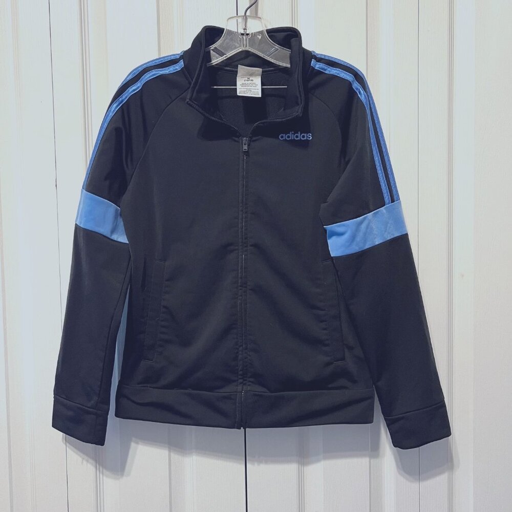 Adidas Black/Blue Youth Unisex Medium (10-12) Zip Up Jacket-Pockets-School-Casua